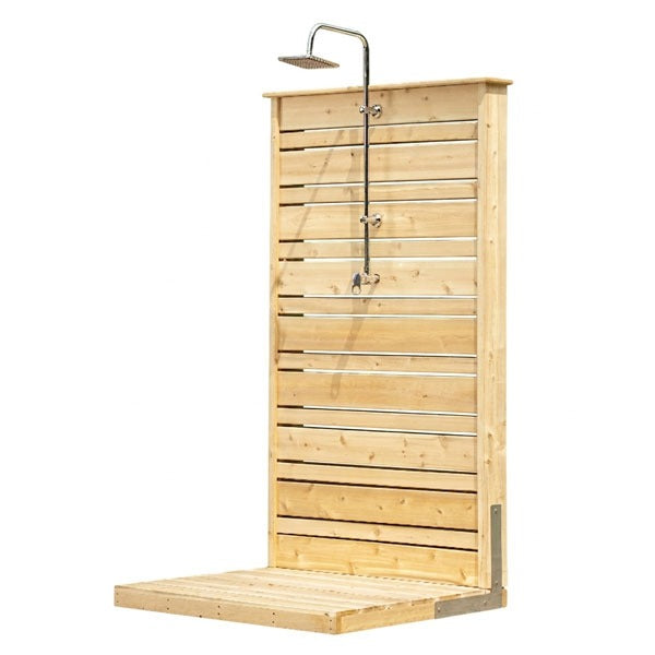The CT Savannah privacy panel and cedar pad on white, shown with a square rain head and lever valve that are sold separately.