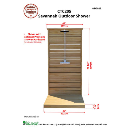 Front dimension drawing of the CT Savannah Outdoor Shower: 42 inch wide panel, 78-1/4 inches tall on a 40 inch base, shown with optional premium hardware