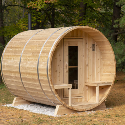 Dundalk LeisureCraft CT Serenity Barrel Sauna | 4-Person Outdoor Sauna with Porch