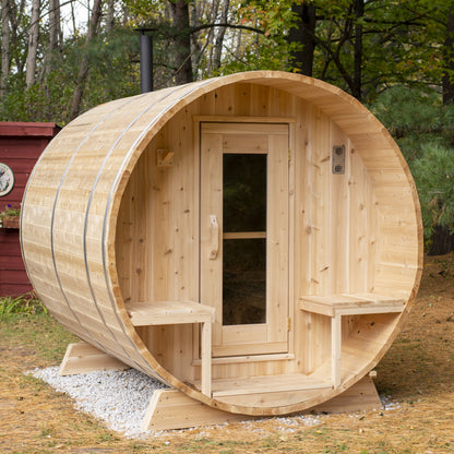 CT Serenity barrel sauna front on, showing the glass door, the porch roof overhang and the two outside benches