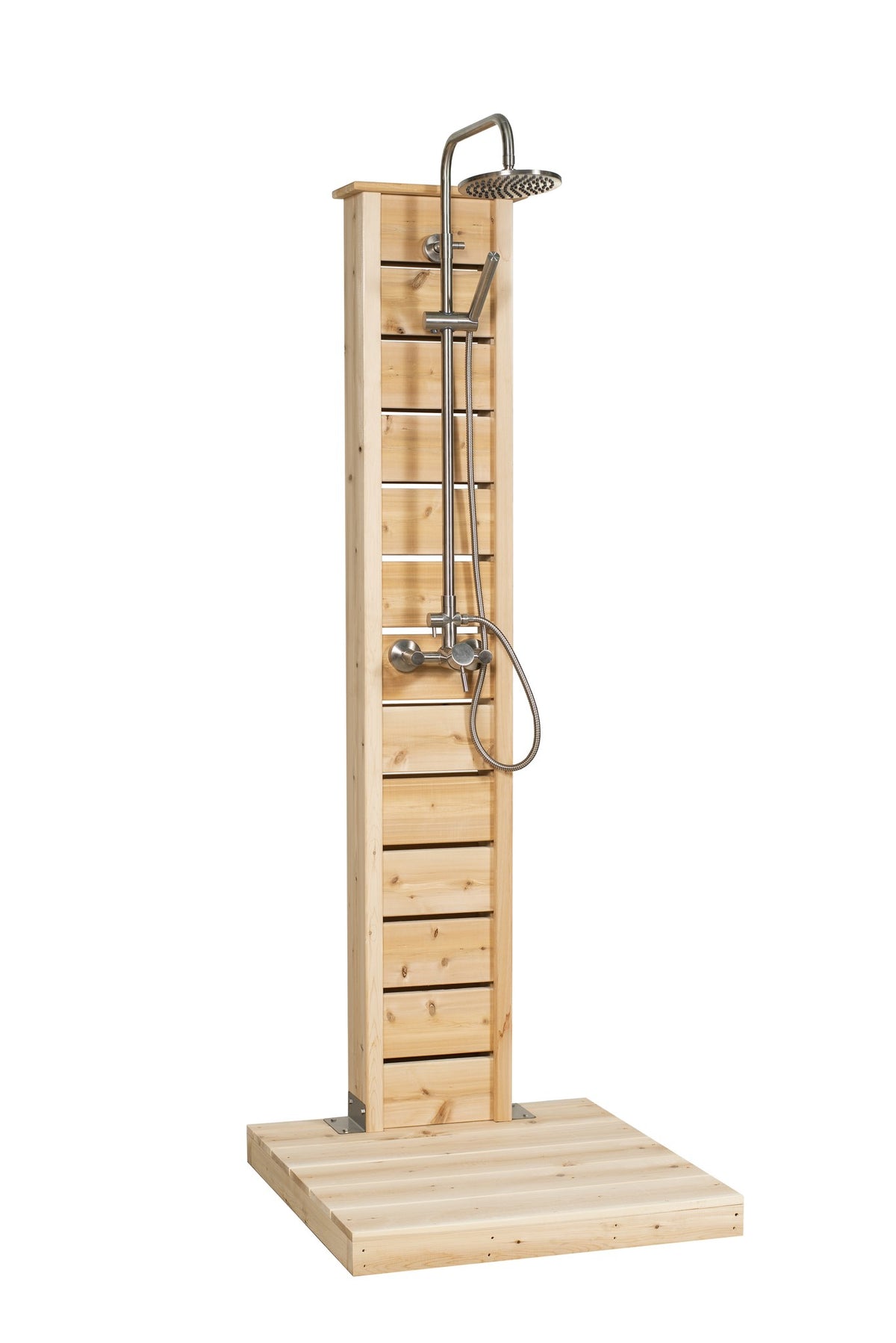 The CT Sierra pillar and cedar base pad on white, with a square rain head and single lever valve that are sold separately.