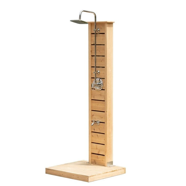The CT Sierra pillar and cedar base pad on white, with a square rain head and single lever valve that are sold separately.