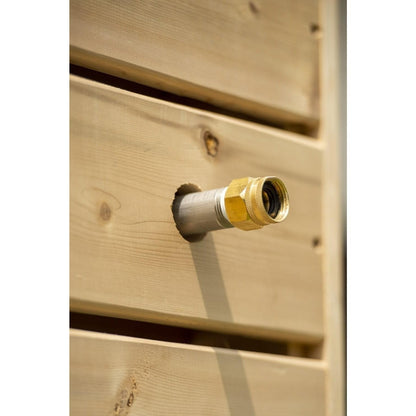 Brass garden hose thread fitting through a cedar board of the Sierra pillar, part of the hose connect kit sold separately.