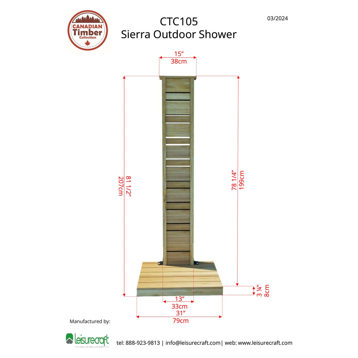 Front dimension drawing of the CT Sierra Outdoor Shower: 81-1/2 inches tall, 13 inch pillar with 15 inch top plate, 31 inch base