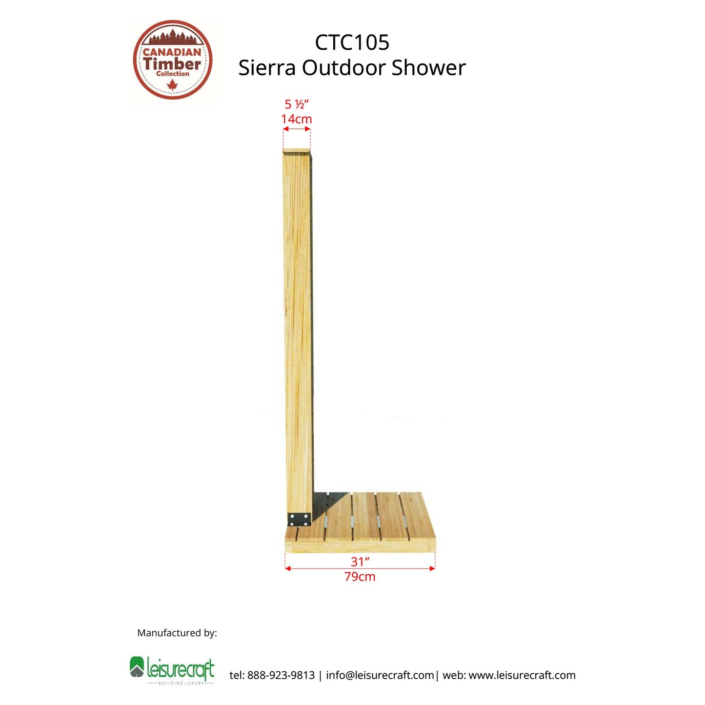 Side dimension drawing of the CT Sierra Outdoor Shower: 5-1/2 inch deep pillar on a 31 inch deep base