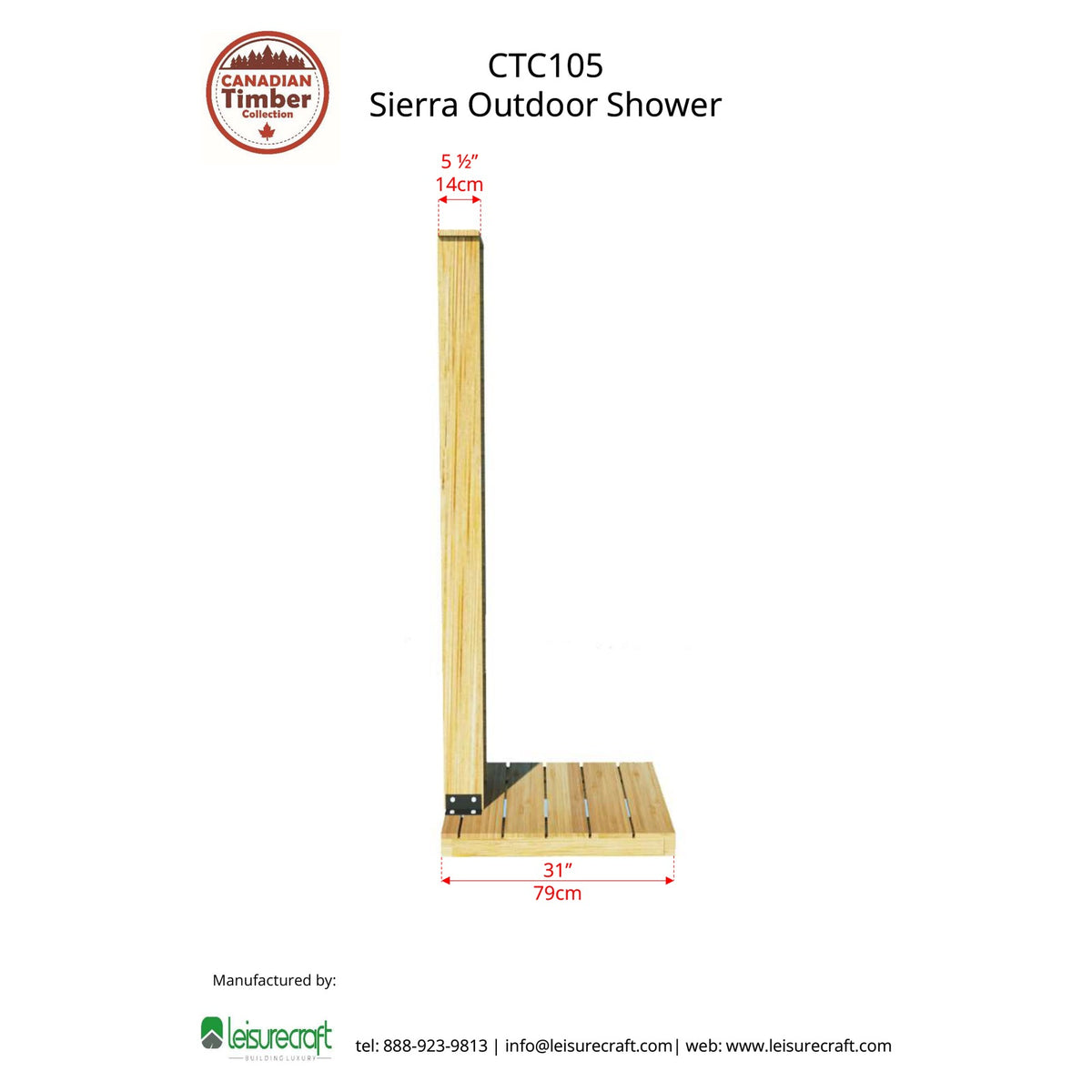 Side dimension drawing of the CT Sierra Outdoor Shower: 5-1/2 inch deep pillar on a 31 inch deep base