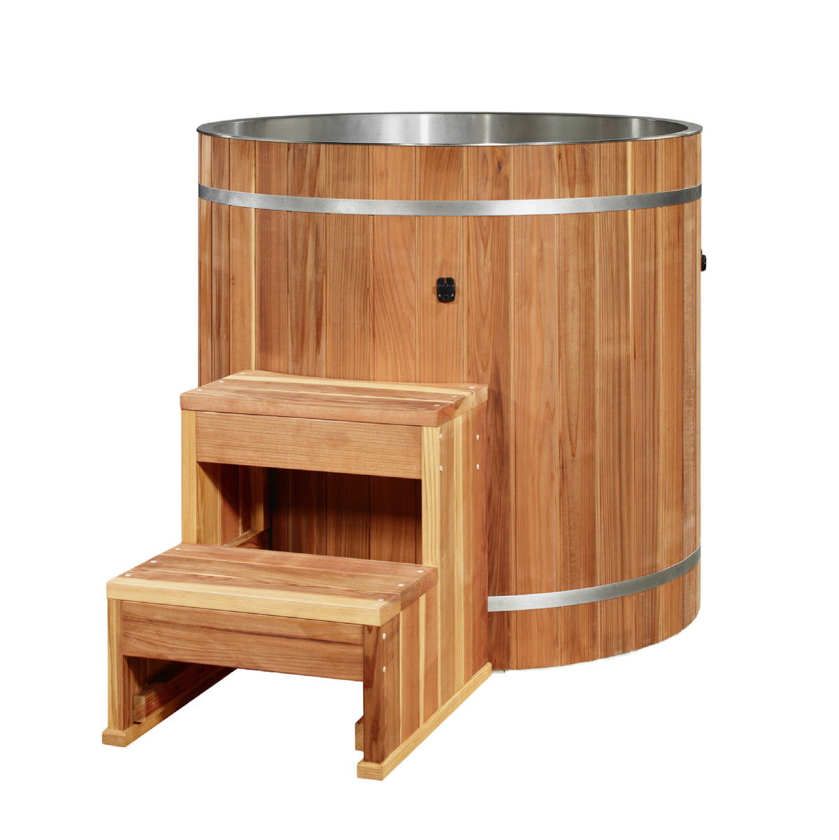 Dynamic Cold Therapy Pacific Cedar barrel cold plunge, stainless steel interior, with matching cedar step stool