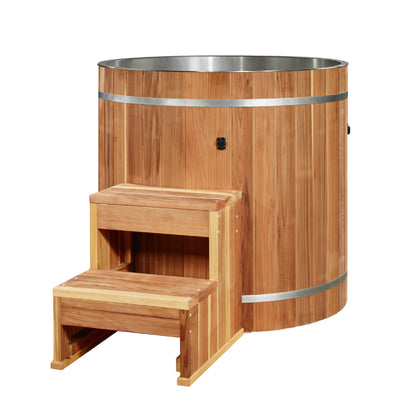 Dynamic Cold Therapy Pacific Cedar barrel cold plunge, stainless steel interior, with matching cedar step stool