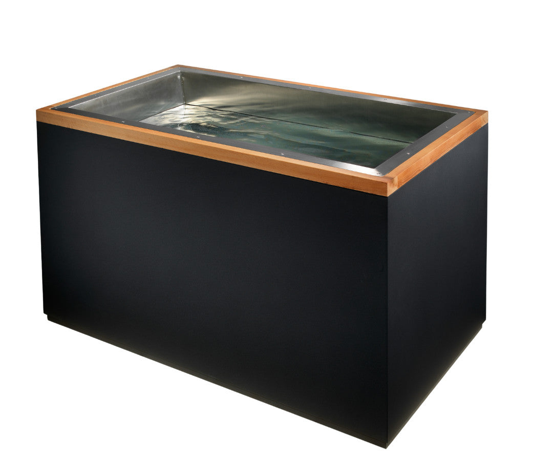 Dynamic Cold Therapy Cuboid stainless steel cold plunge filled, with cedar top rail