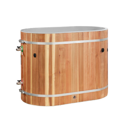 DCT Pacific Cedar Oval Barrel cold plunge, inlet and outlet valves