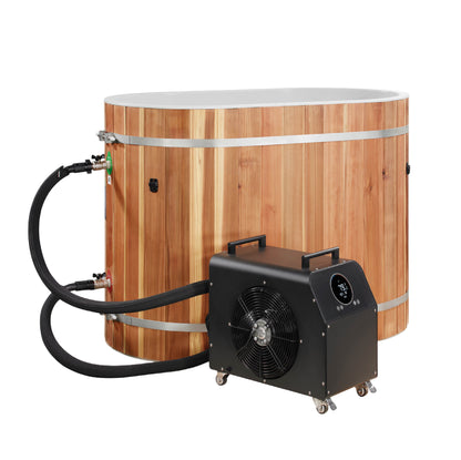 DCT Pacific Cedar Oval Barrel cold plunge, shown with the chiller