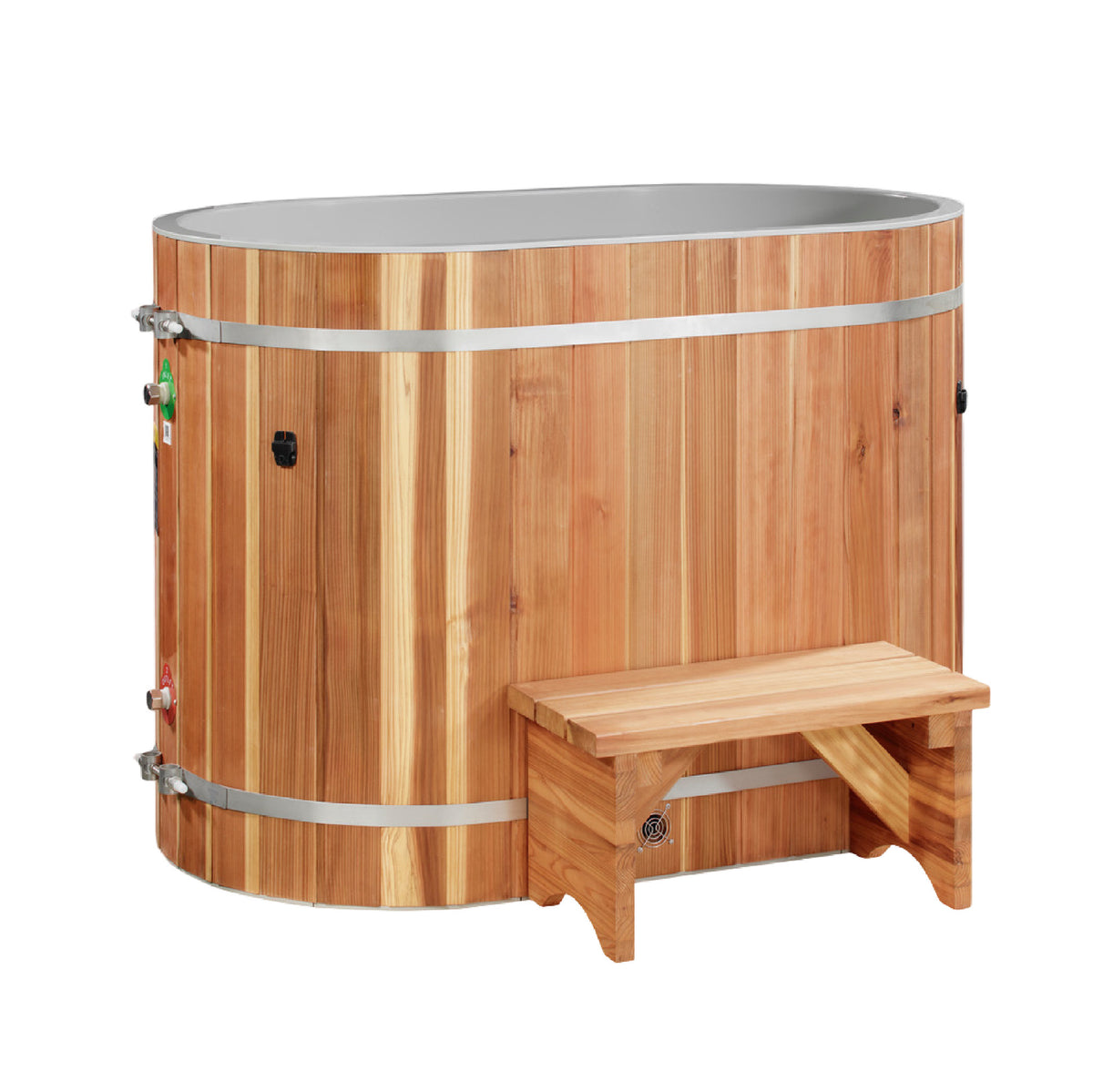 DCT Pacific Cedar Oval Barrel cold plunge, with the cedar step