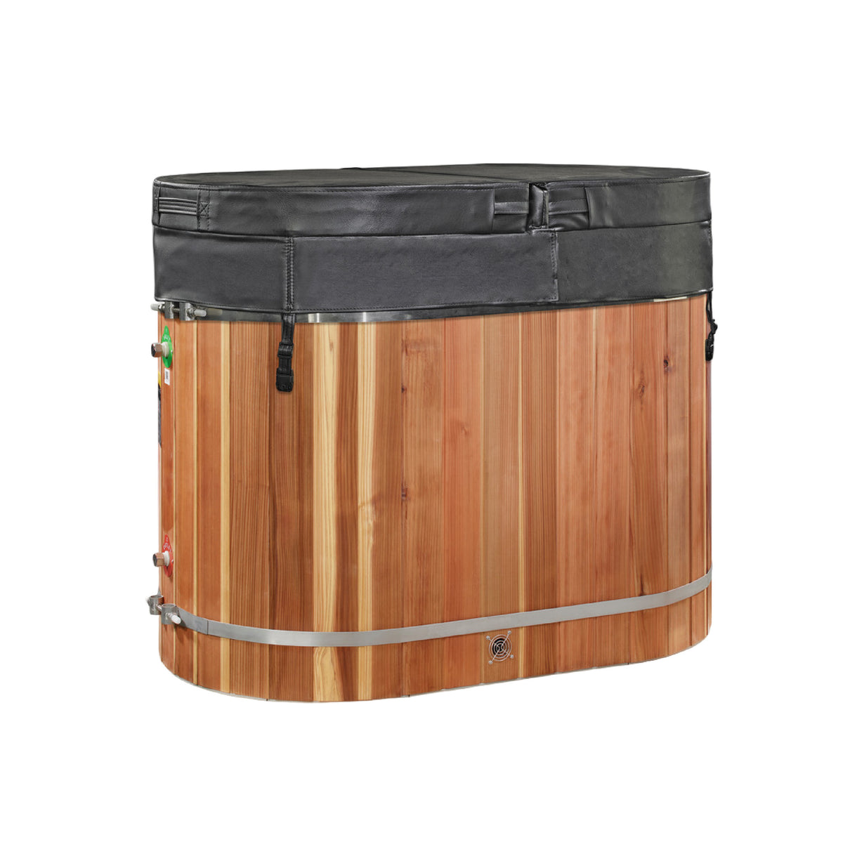 DCT Pacific Cedar Oval Barrel cold plunge, shown with the insulated cover