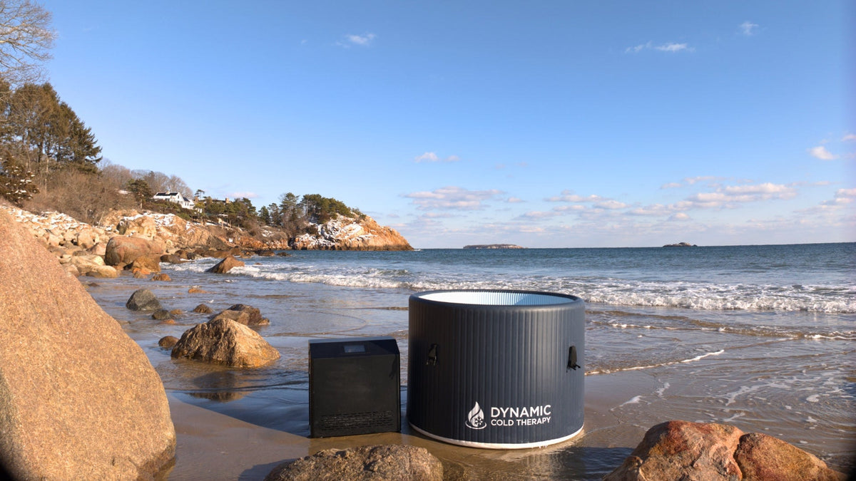 DCT Round Inflatable cold plunge with chiller, on a beach