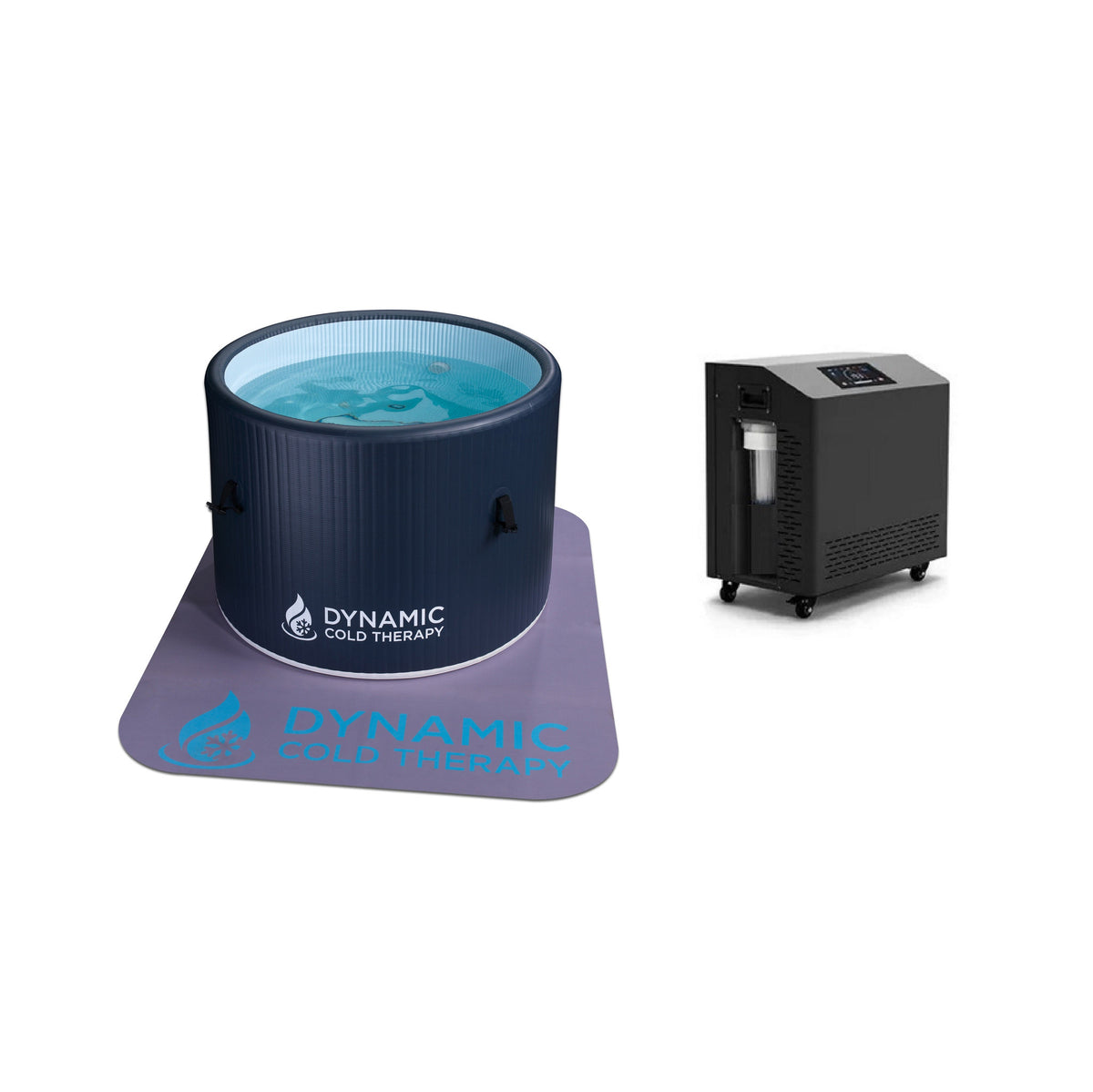 DCT Round Inflatable cold plunge, shown with the chiller