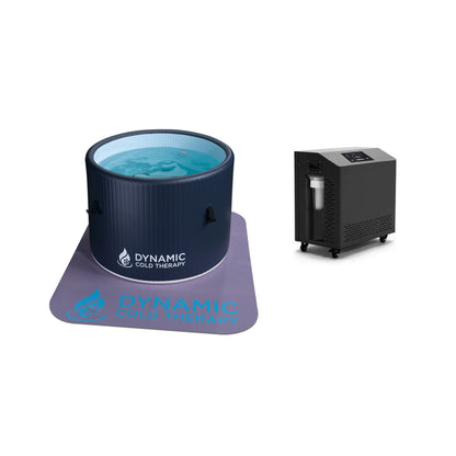 DCT Round Inflatable cold plunge, shown with the chiller
