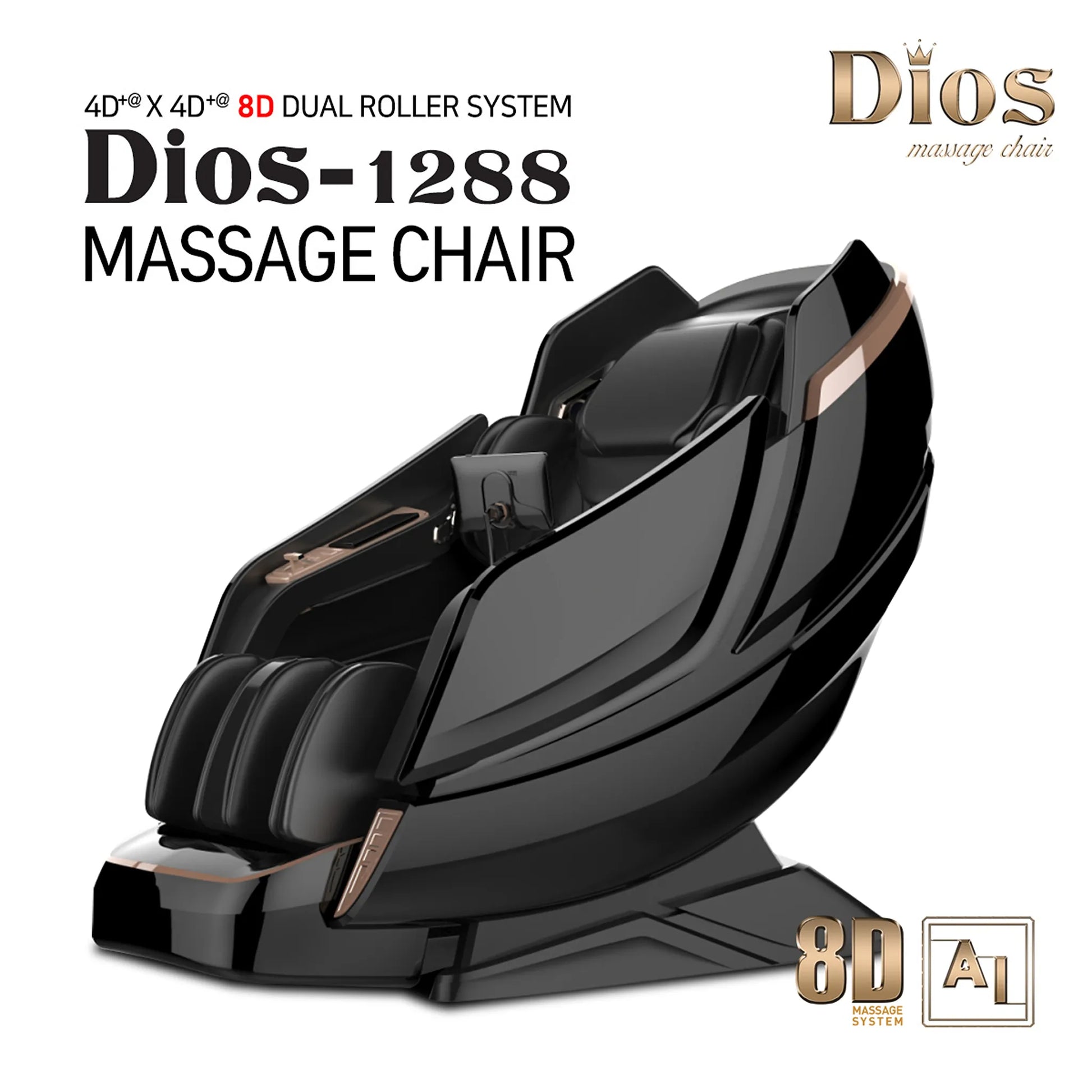 Black massage chair with 'Dios' branding on a white background