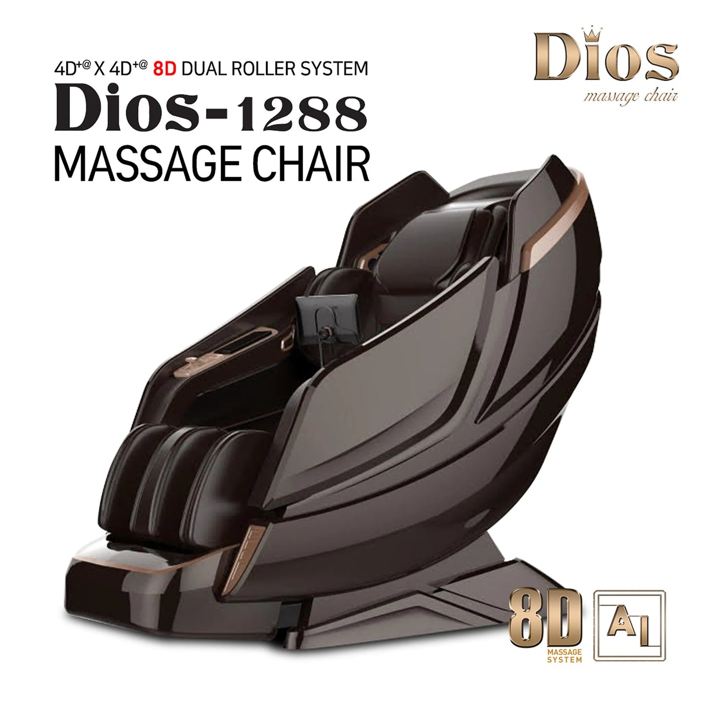 Massage chair with 'Dios' branding and text about features on a white background