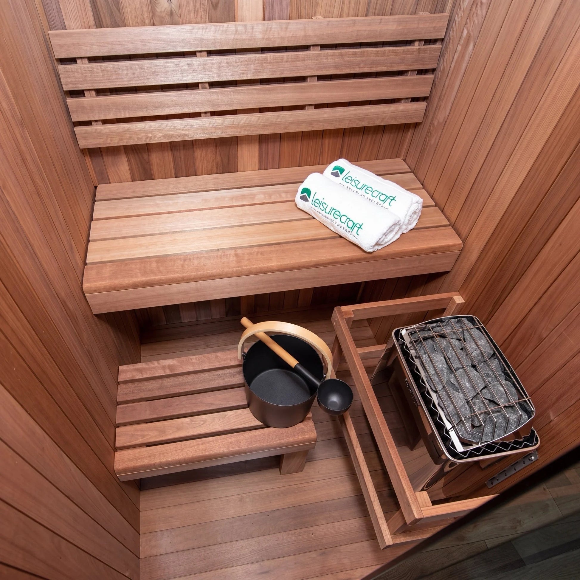 Two-tier Thermo Grandis benching in the CT Element Nook with the heater tray, cedar bucket and ladle