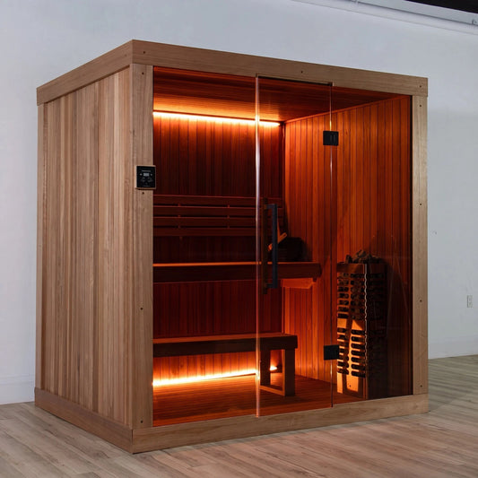 Dundalk LeisureCraft CT Element Studio indoor sauna from an angle, glass front with the interior lit and the heater visible