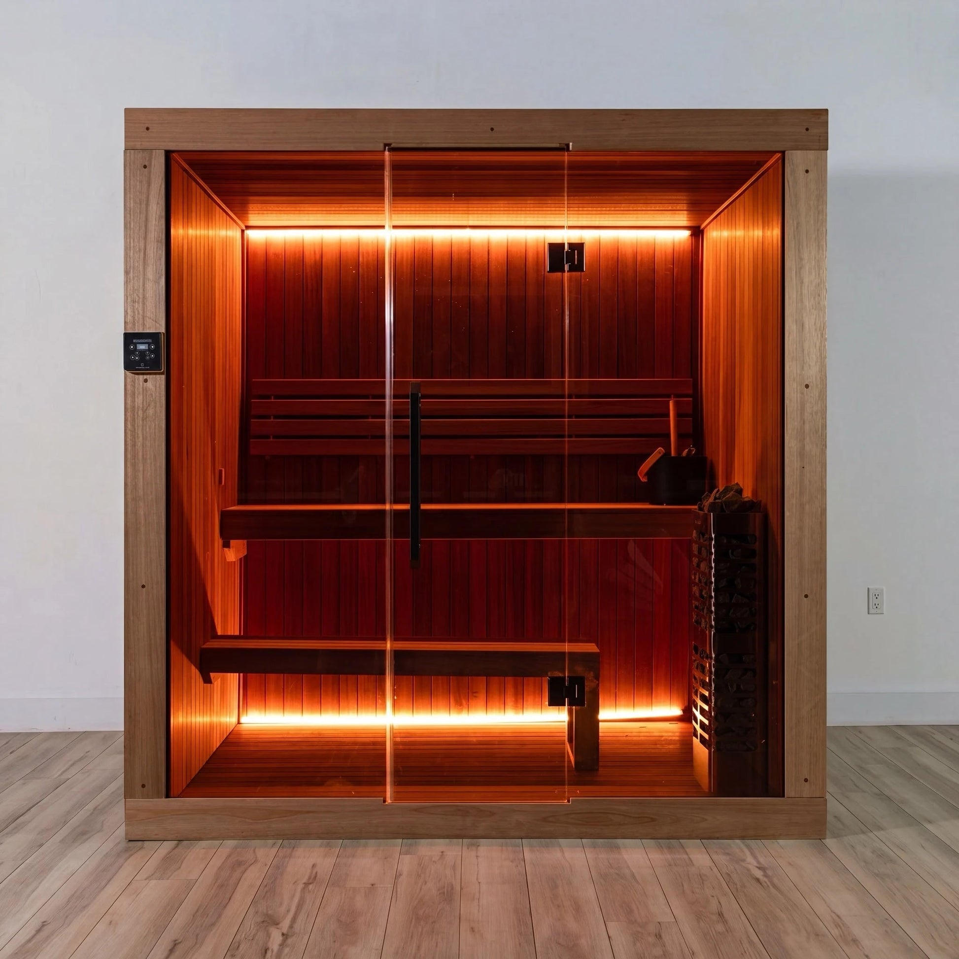 CT Element Studio indoor sauna, front elevation showing the bench run and lighting strip