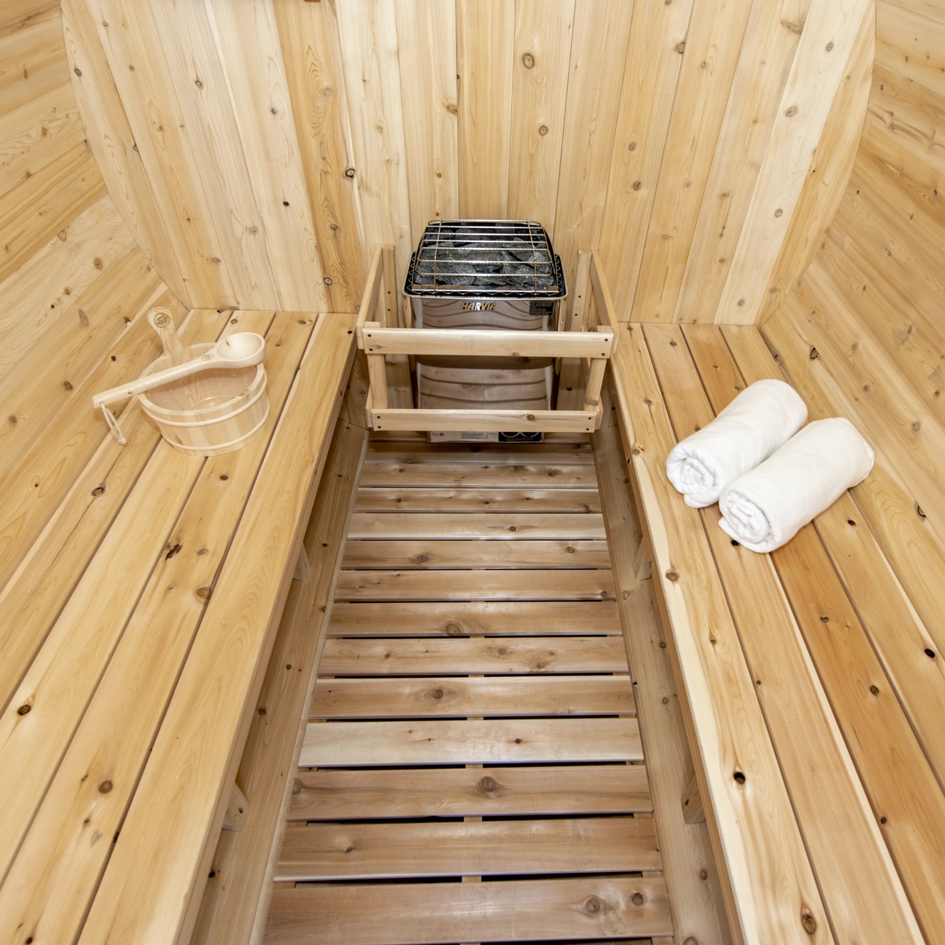 CT Harmony barrel sauna interior looking along the benches to the far end wall