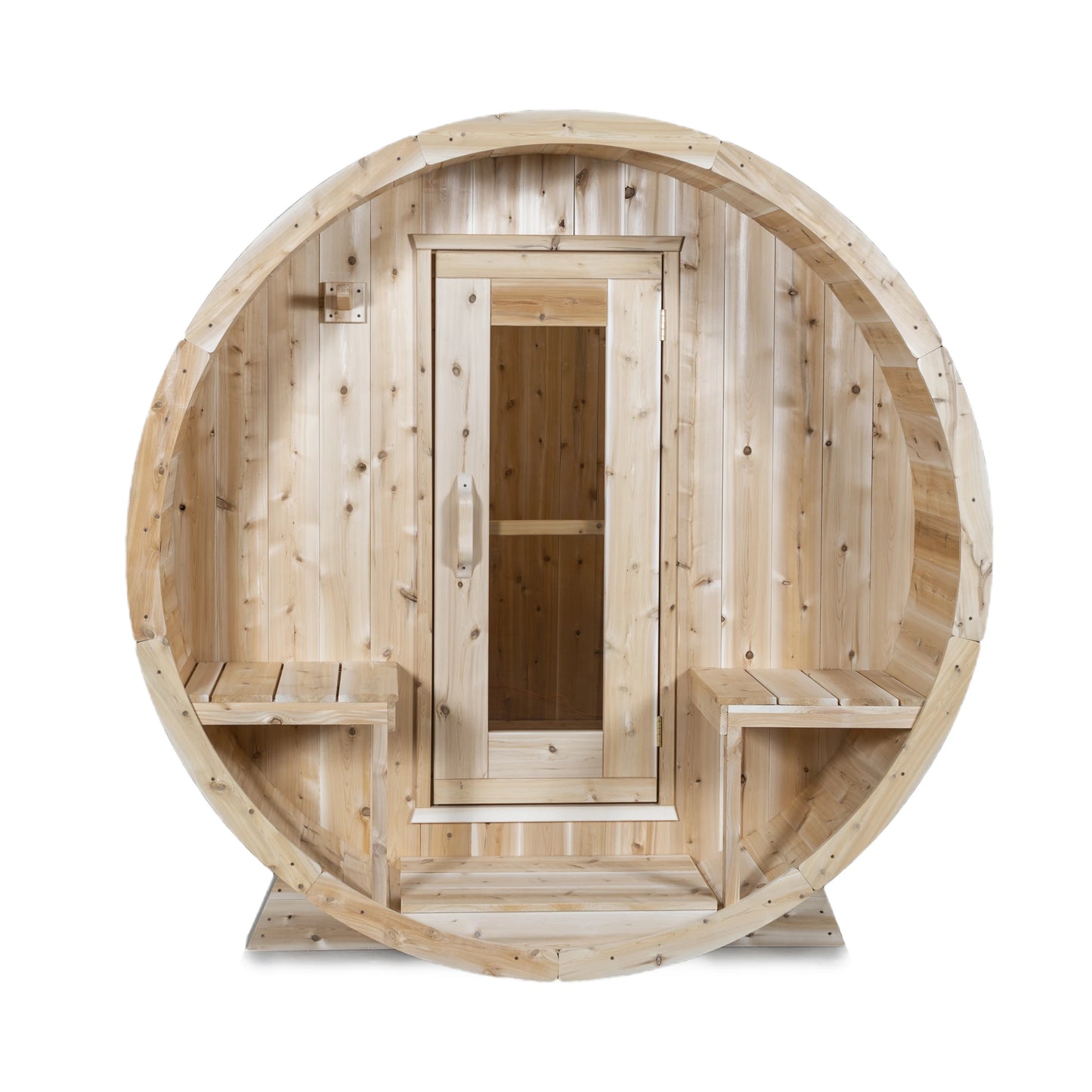 CT Serenity barrel sauna, front elevation on white, with the two front porch benches