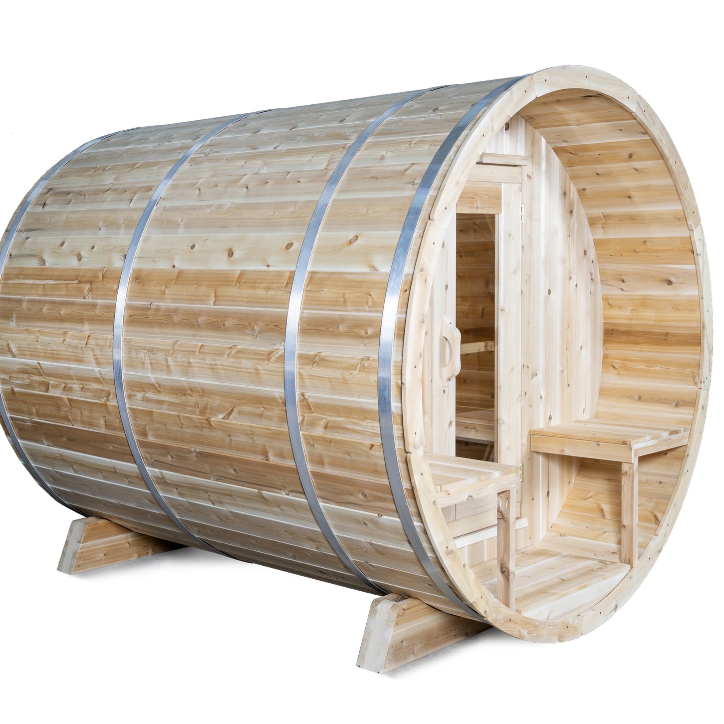 CT Serenity barrel sauna in side profile on white, showing the porch set ahead of the sauna door
