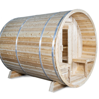 CT Serenity barrel sauna in side profile on white, showing the porch set ahead of the sauna door
