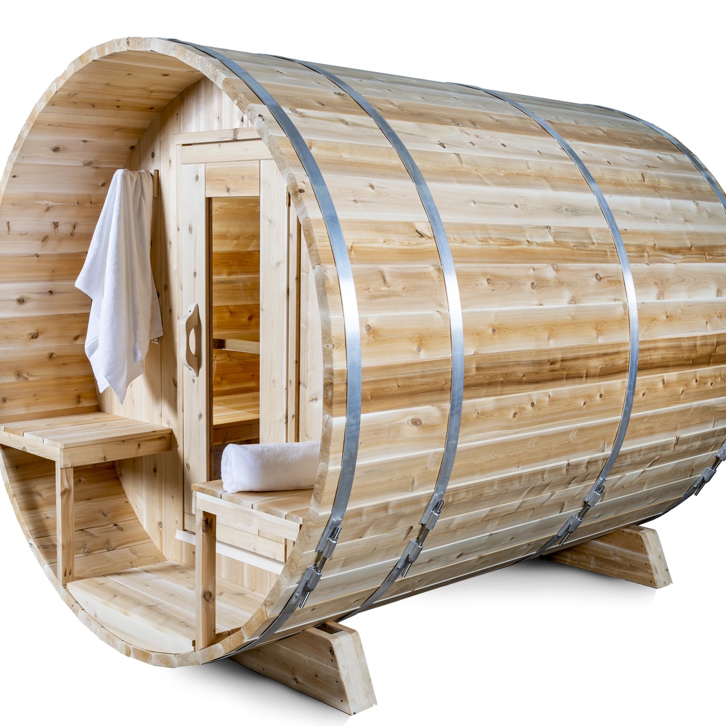 CT Serenity barrel sauna three-quarter view on white, aluminum bands and cedar cradles visible