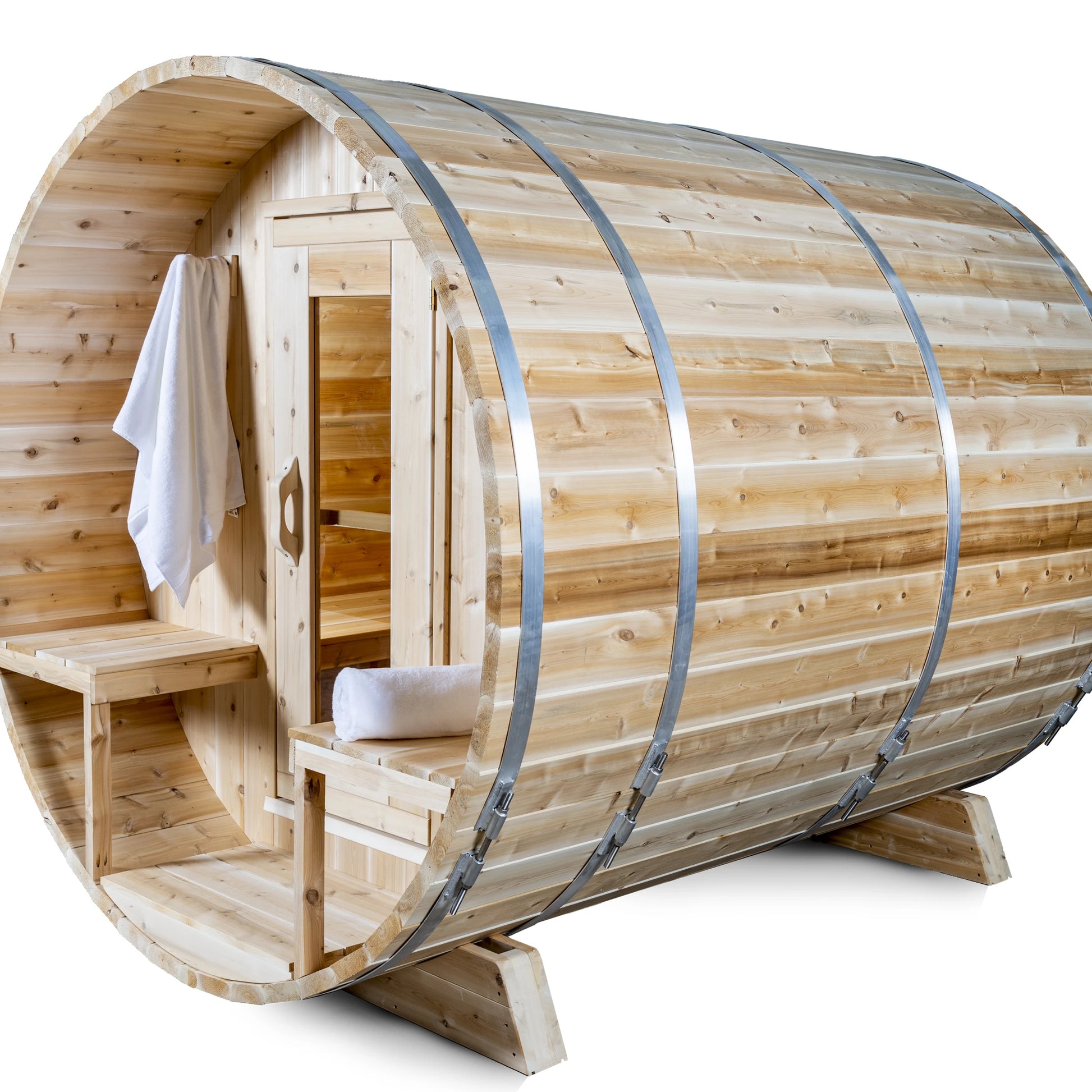 CT Serenity barrel sauna three-quarter view on white, aluminum bands and cedar cradles visible