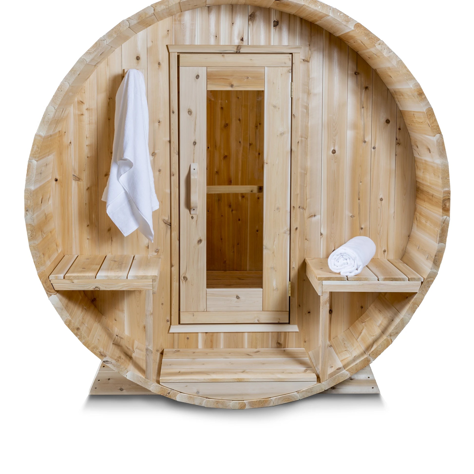 CT Serenity barrel sauna rear elevation on white, showing the closed end wall