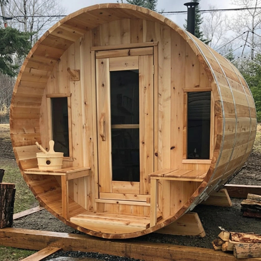 Dundalk LeisureCraft CT Tranquility barrel sauna outdoors, covered front porch with benches either side of the door