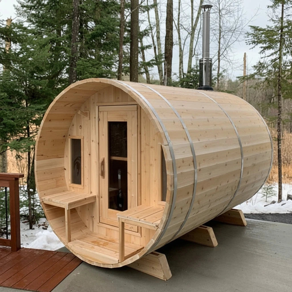 CT Tranquility barrel sauna in snow with a chimney, on a cleared deck