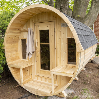 CT Tranquility barrel sauna with the optional shingle roof fitted, door open