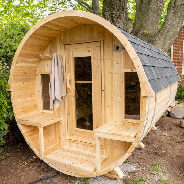 CT Tranquility barrel sauna with the optional shingle roof fitted, door open