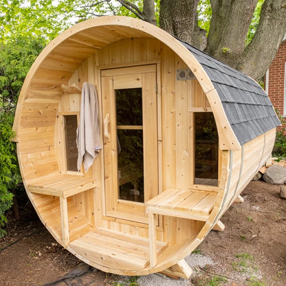 CT Tranquility barrel sauna with the optional shingle roof fitted, door open