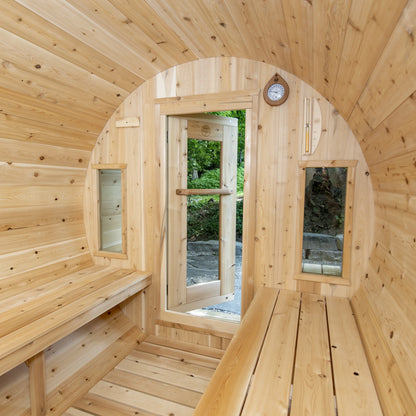Cedar door and side windows seen from inside the CT Tranquility barrel sauna