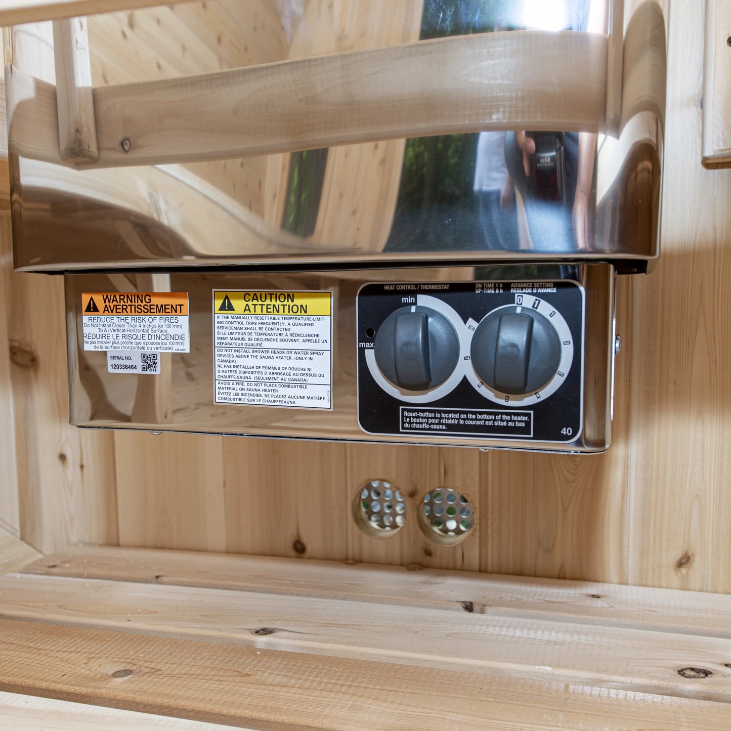Heater control panel with timer and thermostat inside the CT Tranquility barrel sauna