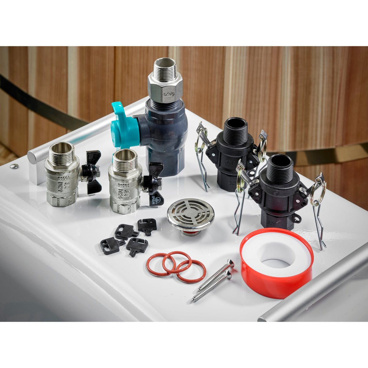 Dynamic Cold Therapy Black Barrel Cold Plunge Tub (Plastic Interior), included fittings: ball valves, quick connect hose fittings, outlet strainer, cover keys, gaskets and Teflon tape