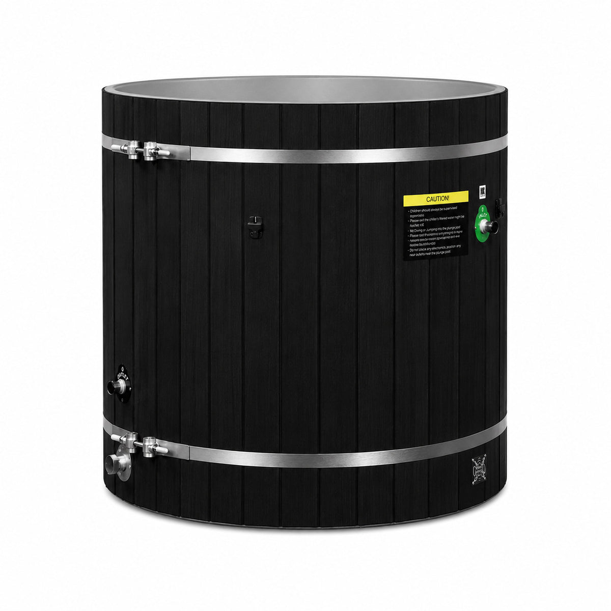 Dynamic Cold Therapy Black Barrel Cold Plunge Tub (Plastic Interior), side view showing the inlet, outlet and drain fittings