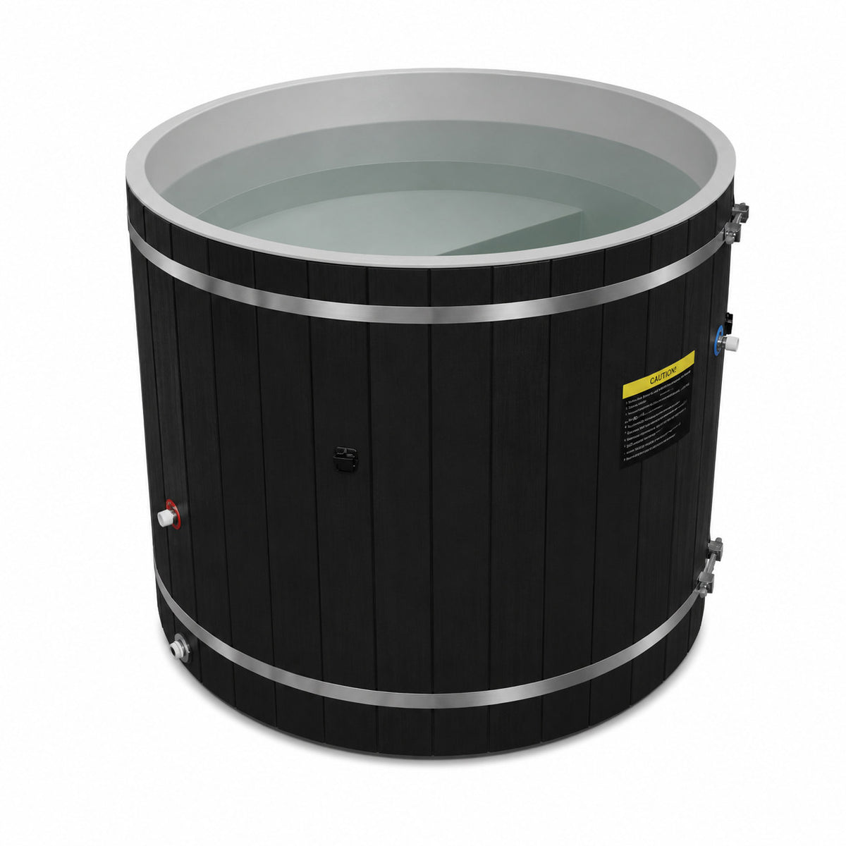 Dynamic Cold Therapy Black Barrel Cold Plunge Tub (Plastic Interior), filled, looking into the grey PVC interior and built in seat