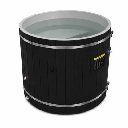 Dynamic Cold Therapy Black Barrel Cold Plunge Tub (Plastic Interior), filled, looking into the grey PVC interior and built in seat