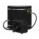 Dynamic Cold Therapy Black Barrel Cold Plunge Tub (Plastic Interior), connected by two hoses to the 0.8 or 1.0 HP chiller