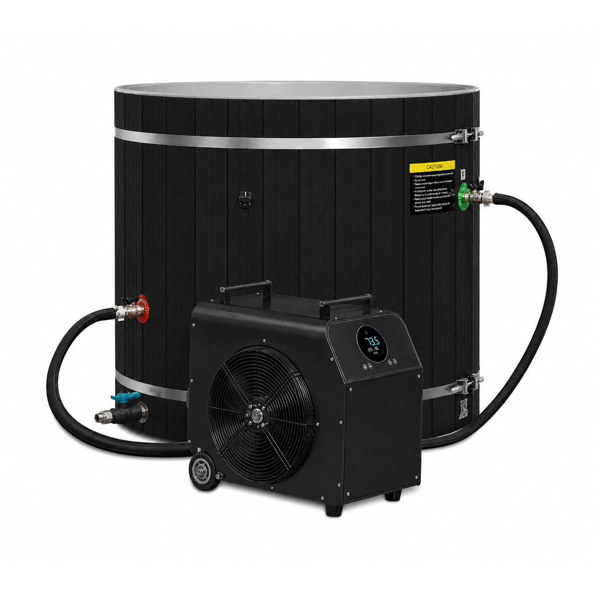 Dynamic Cold Therapy Black Barrel Cold Plunge Tub (Plastic Interior), connected by two hoses to the 0.8 or 1.0 HP chiller