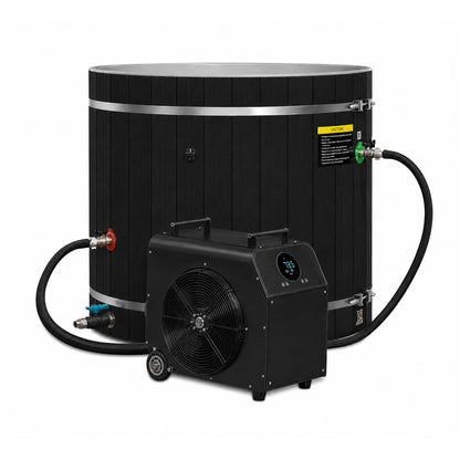 Dynamic Cold Therapy Black Barrel Cold Plunge Tub (Plastic Interior), connected by two hoses to the 0.8 or 1.0 HP chiller