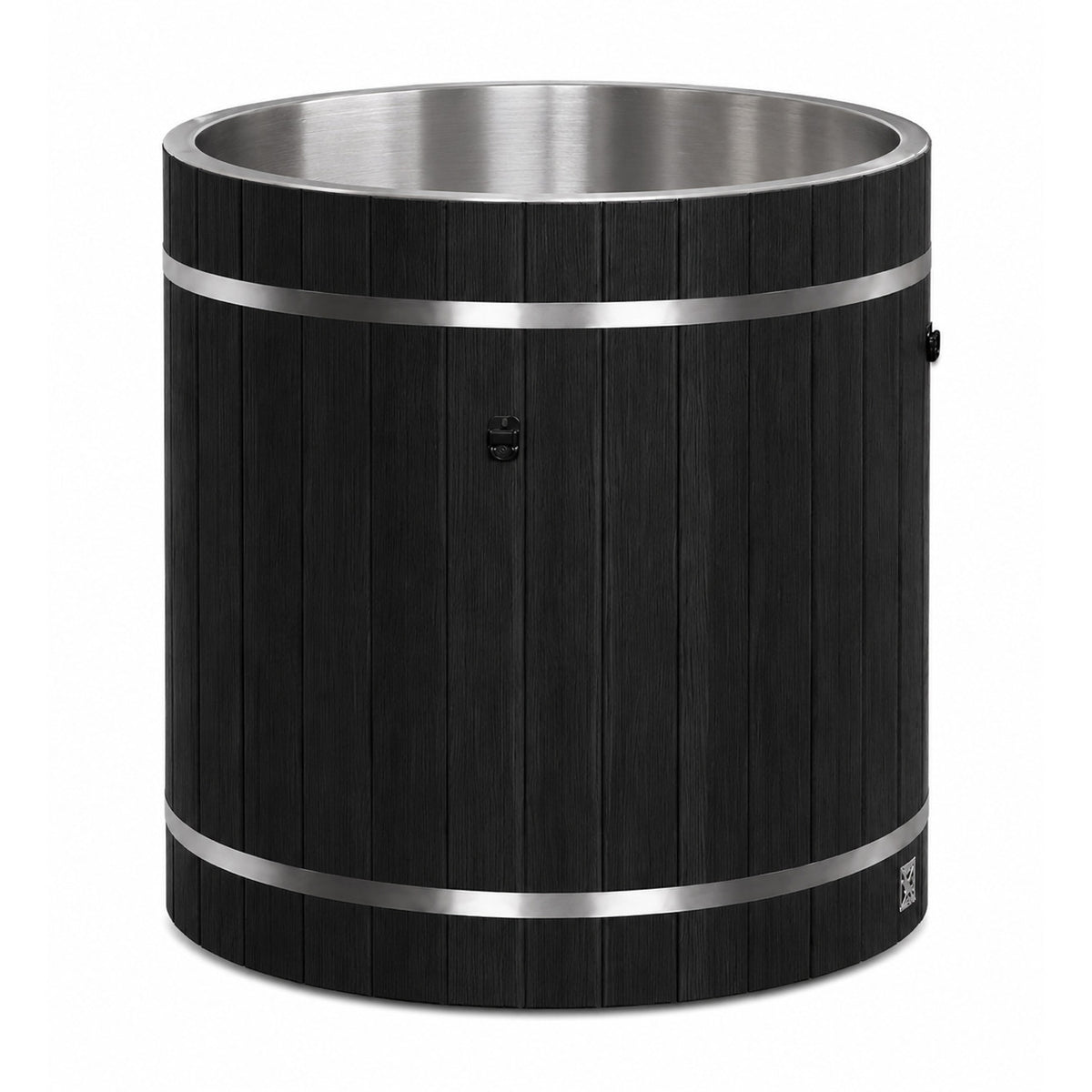 Dynamic Cold Therapy Black Barrel Cold Plunge Tub (304 Stainless Steel Interior), looking into the 304 stainless steel interior