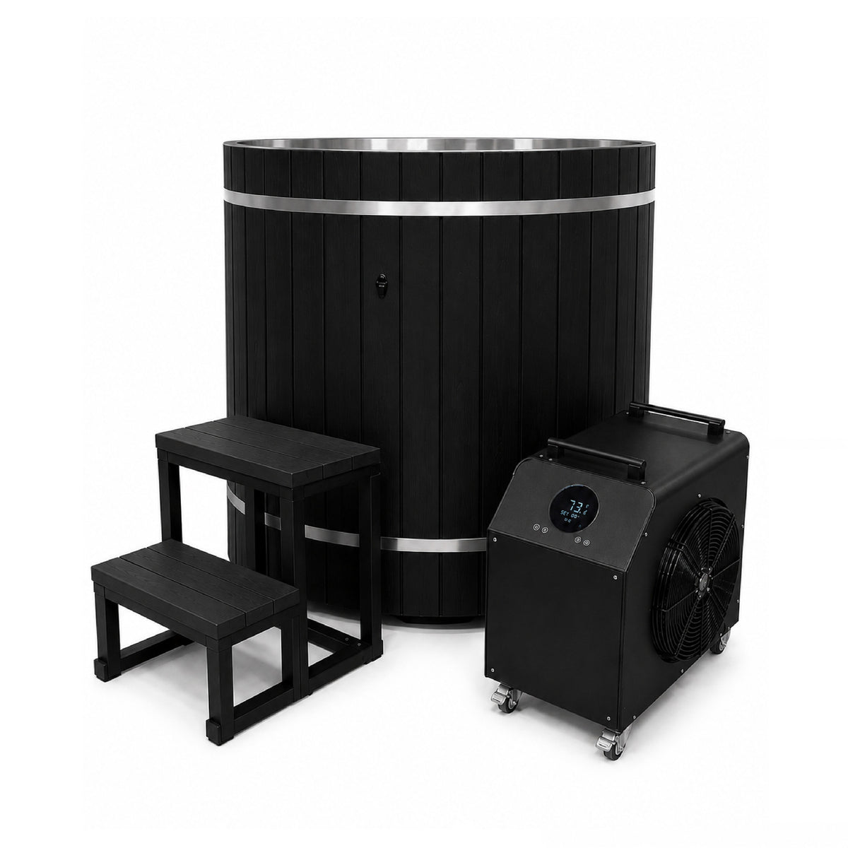 Dynamic Cold Therapy Black Barrel Cold Plunge Tub (304 Stainless Steel Interior), with the entry step and the 0.8 or 1.0 HP chiller beside it