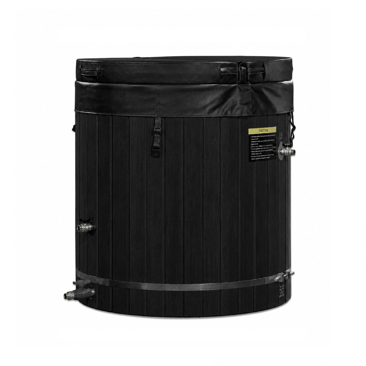 Dynamic Cold Therapy Black Barrel Cold Plunge Tub (304 Stainless Steel Interior), with the insulated cover strapped on, showing the inlet, outlet and drain fittings