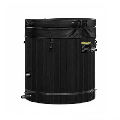 Dynamic Cold Therapy Black Barrel Cold Plunge Tub (304 Stainless Steel Interior), with the insulated cover strapped on, showing the inlet, outlet and drain fittings